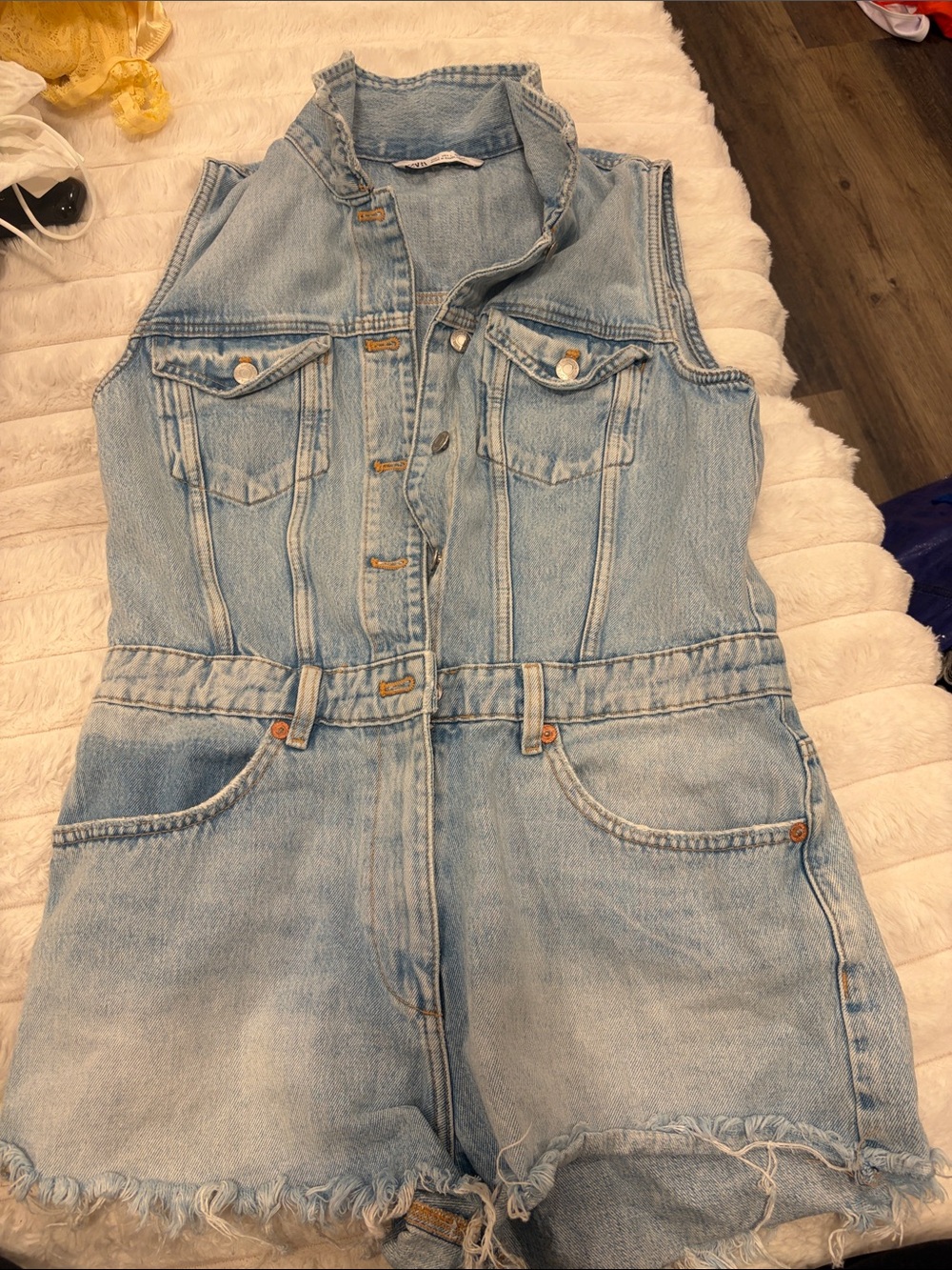 Zara Light Blue Denim Sleeveless Overalls Romper